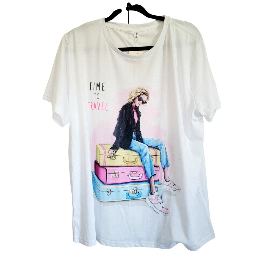 Pixie Lady‎ 1X White T-Shirt Women's Time To Travel SS Boat Neck NWT